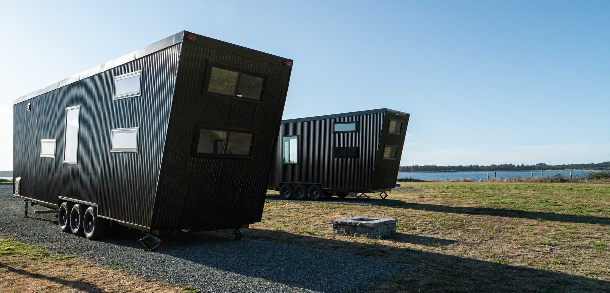 Exterior of two matching tiny homes used as corporate workforce housing