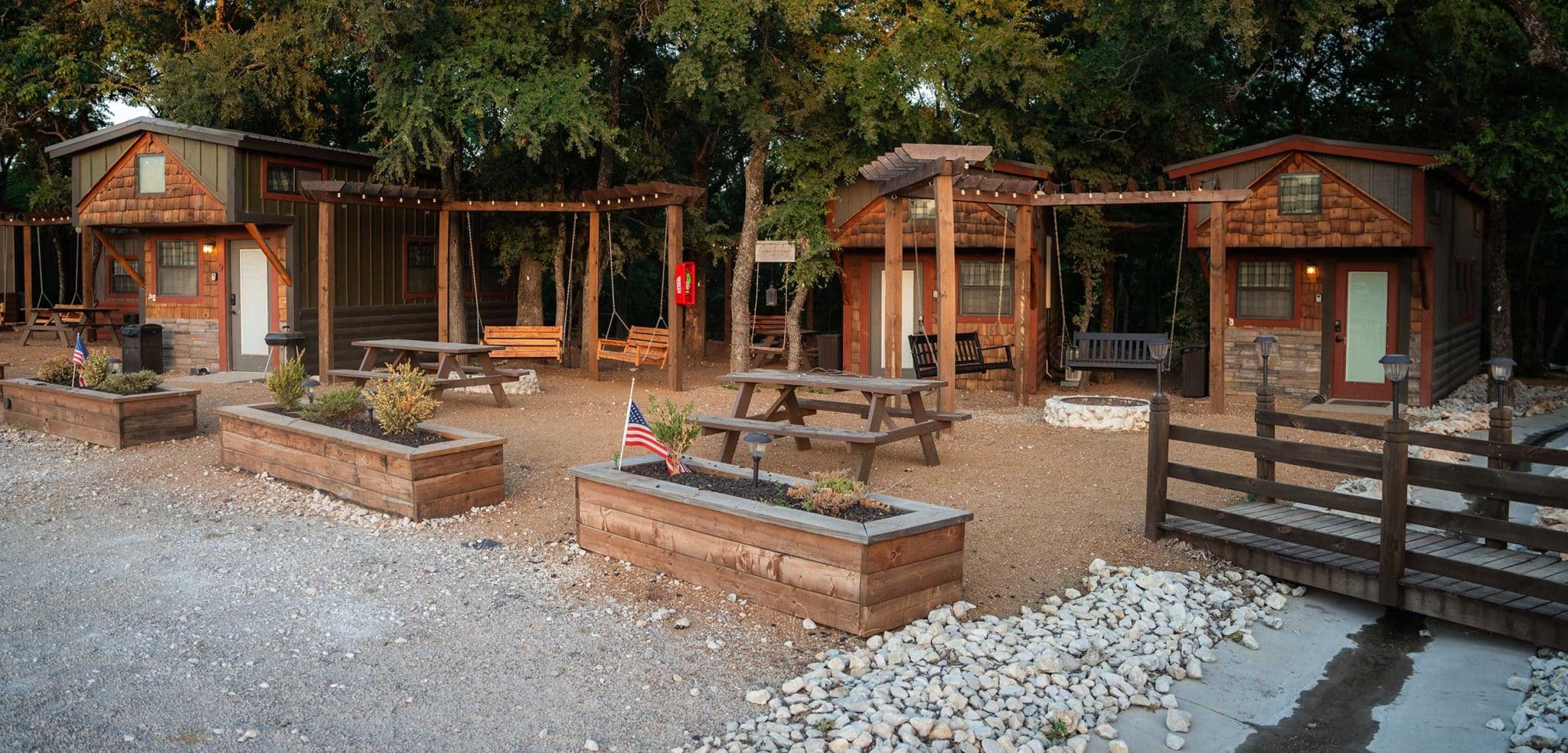 Exterior of a tiny home village with central courtyard used as company workforce housing